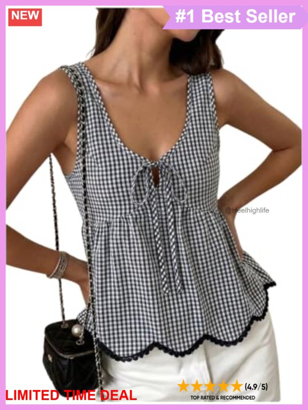 Women's Gingham Tank Top Peplum Hem Tie Front Sleeveless Summer